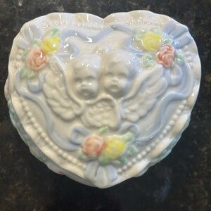 Heart-Shaped Ceramic Trinket Box with Cherubs Vintage